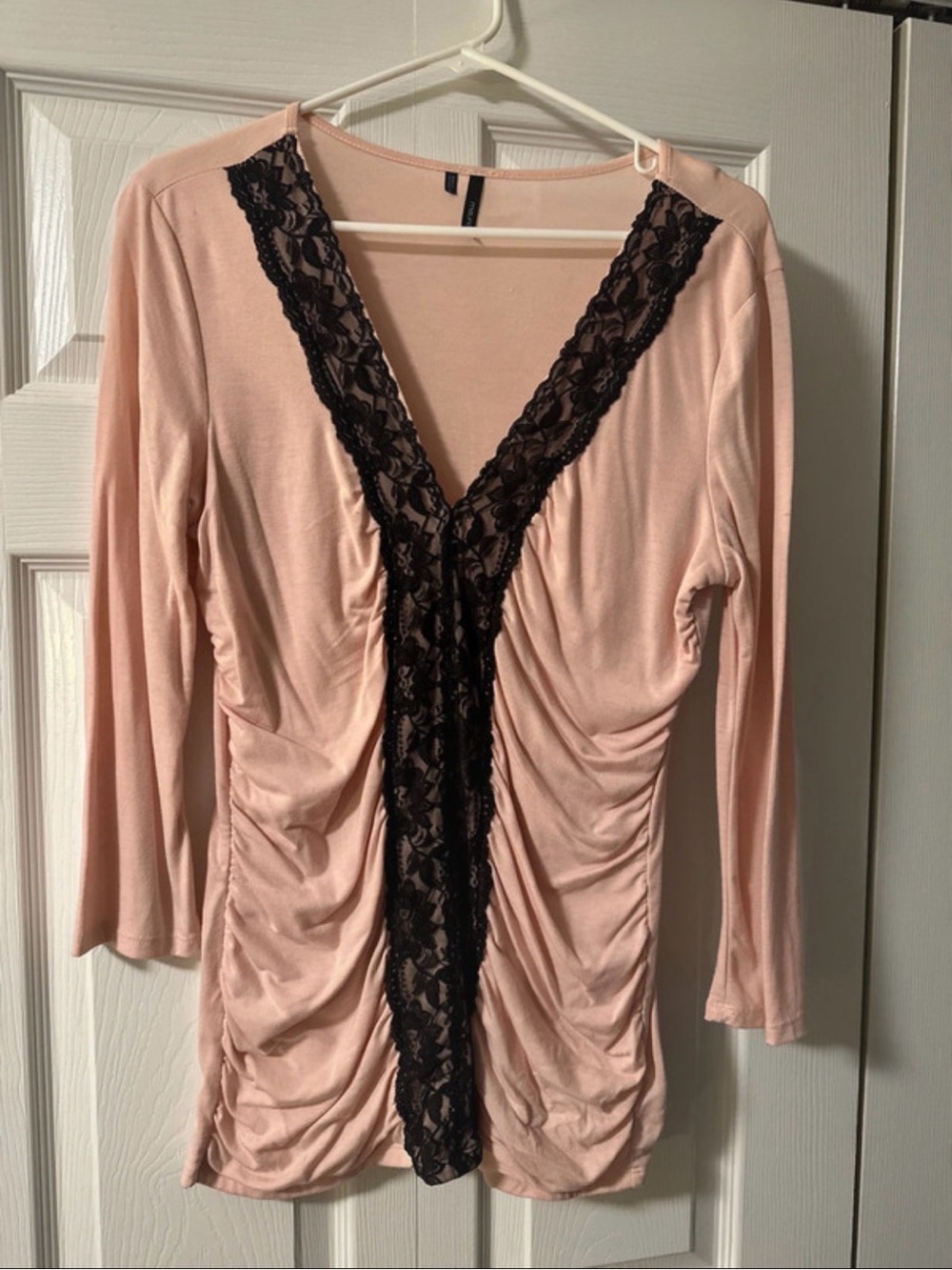 Maurices Blush Pink Long-Sleeve V-Neck Top with Black Lace Inset